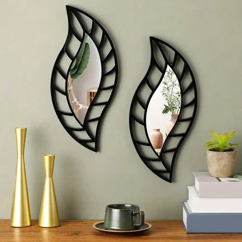 2pcs Black Leaf-Shaped Tear-Drop Wall Mirrors | Nigz Decor