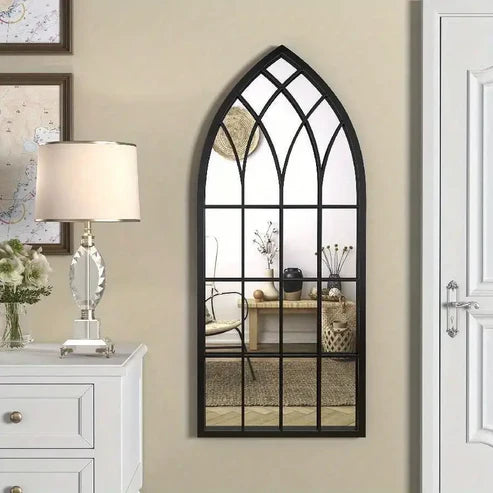 Large Gothic Black Arched Wall Mirror with Floral Wooden Signs | Nigz Decor