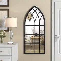 Large Gothic Black Arched Wall Mirror with Floral Wooden Signs | Nigz Decor