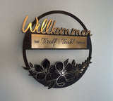 Custom Round Welcome Sign – Elegant Floral & Gold "Willkommen" Design