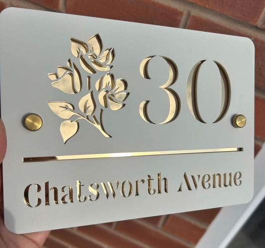 Custom House Number Plate – Elegant Rose & Gold Design