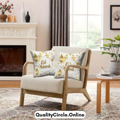 Golden Lantern and "Eid Mubarak" Printed Pillow Covers (With Pillow)